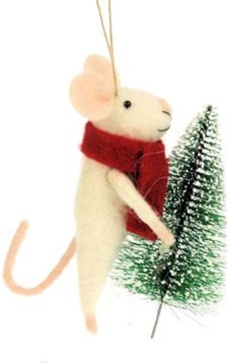 Muis met kerstboom vilt 5x11x12cm