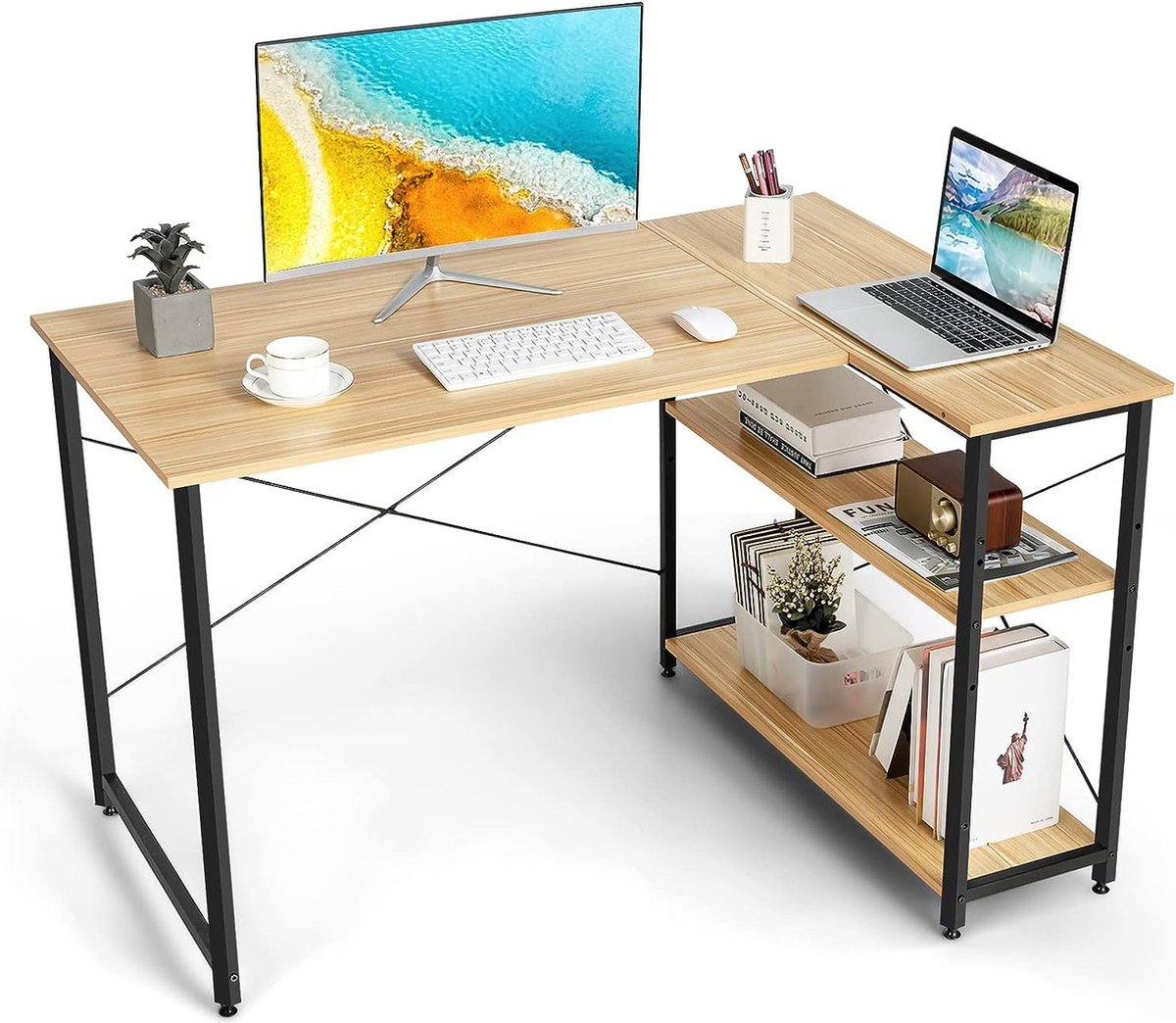 bureau, en L, table d'ordinateur avec étagère Bureau d'angle droit ou  gauche avec... | bol
