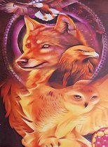 Denza - Diamond painting wolf, vos met uil en roofvogel 40 x 50 cm volledige bedrukking ronde steentjes direct leverbaar - roof dieren