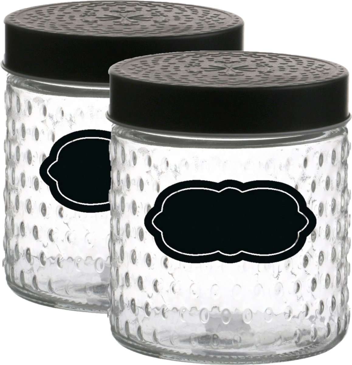 Voorraadpot/bewaarpot Roma - 4x - 500 ml - glas - zwart - incl. etiketten