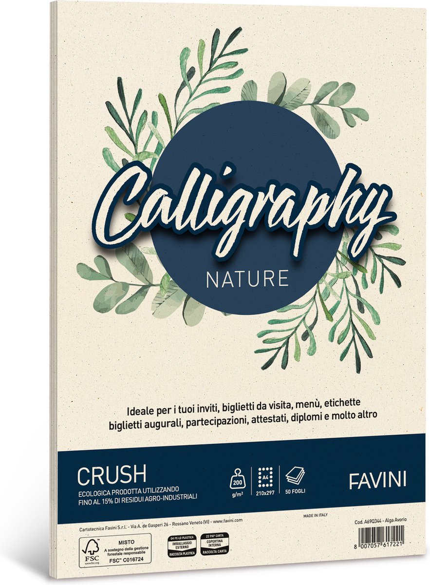 Favini® NATURE Ecologisch Papier – 50 Vellen A4 – 200 g/m² – Ivoor Groen – Met 15% Zeewier – FSC – Inkjet Geschikt – Voor Kalligrafie – Rustiek – Made in Italy