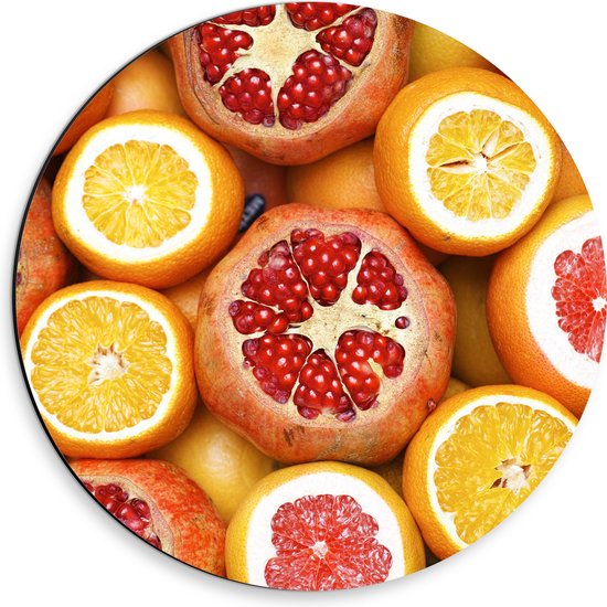 Dibond Muurcirkel - Fruit - Gesneden - Sinaasappel - Granaatappel - Grapefruit - 30x30 cm Foto op Aluminium Muurcirkel (met ophangsysteem)