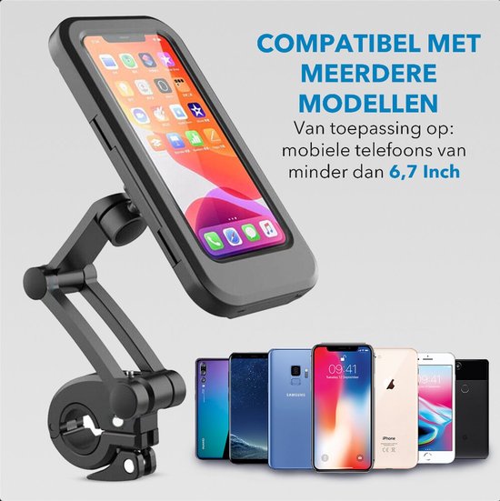 Fiets telefoonhouder voor mobiele telefoons van minder dan 6,7 inch. Meerdere modellen afgebeeld.