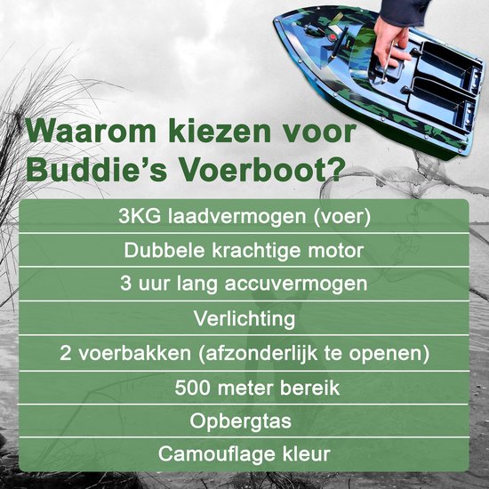 BUDDIE'S® Voerboot - 2 Batterijen - 3KG Laadvermogen - 2 Voerbakken - Verlichting - 500 meter bereik - Opbergtas - Voerboot Karper - Baitboat - Karpervissen van Merkloos — afbeelding 3