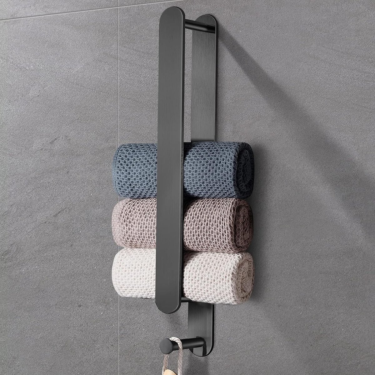 Handdoekhouder, Zwart, sterke behange handdoekstang, zonder boren, roestvrij staal, 42.5 cm, met haak voor badkamer