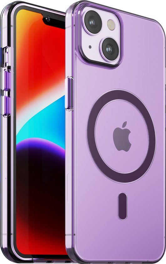 Coque de téléphone violette transparente avec un anneau MagSafe à côté d'un iPhone.