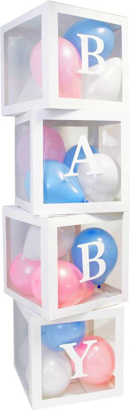 Foto: Vier doorzichtig letter ballon blokken baby wit met 24 blauwe roze en witte ballonnen genderreveal babyshower ballonbox ballonblok zwanger geboorte