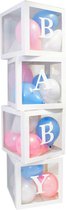 Vier doorzichtig letter ballon blokken Baby wit met 24 blauwe, roze en witte ballonnen - genderreveal - babyshower - ballonbox - ballonblok - zwanger - geboorte