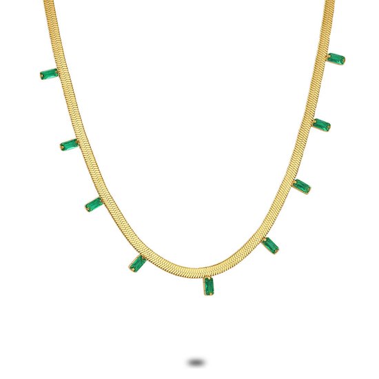 Twice As Nice Halsketting in goudkleurig edelstaal, platte slang, 9 rechthoekige groene zirkonia 40 cm+5 cm