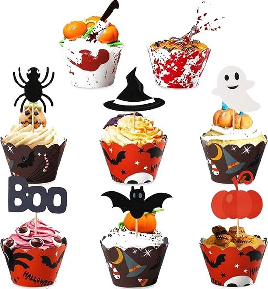 48 Stuks Cupcake Decoraties, Tandenstokers voor Taarten, Halloween Cupcake Wikkels, Halloween Cupcake Wrapper Decoraties, Geschikt voor Taarten, Cupcakes, Desserts, Halloween Themafeesten