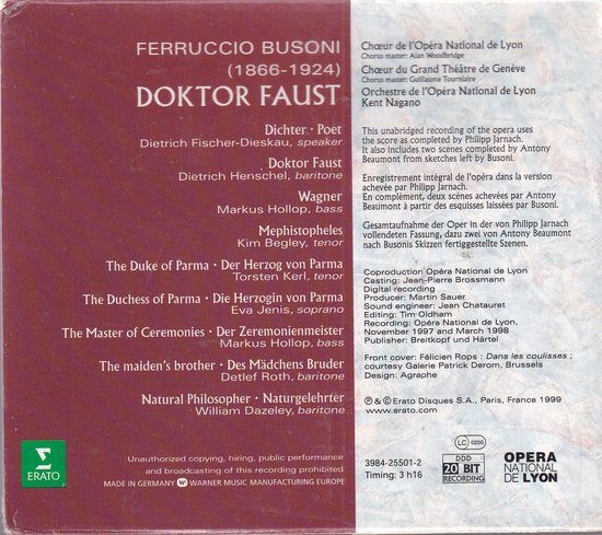 Albumhoes met 'Doktor Faust' van Busoni. Tekst in het rood en wit op een bruine achtergrond. Logos van Erato en Opera National de Lyon.
