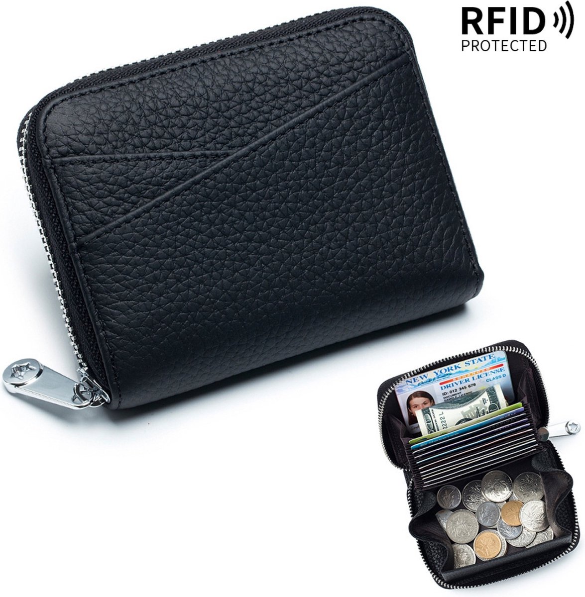 Pasjeshouder Mannen, Leer, Portemonnee Dames, RFID, Munthouder – Zwart
