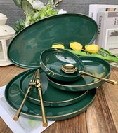 Service de vaisselle en porcelaine Selinex vert avec bordure dorée 6 personnes, 25 pièces