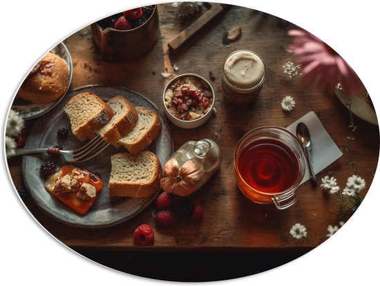 PVC Schuimplaat Ovaal - Eten - Drinken - Thee - Brood - Fruit - Bloemen - Bestek - 68x51 cm Foto op Ovaal (Met Ophangsysteem)