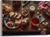 Hout - Eten - Drinken - Thee - Brood - Fruit - Bloemen - Bestek - 80x60 cm - 9 mm dik - Foto op Hout (Met Ophangsysteem)