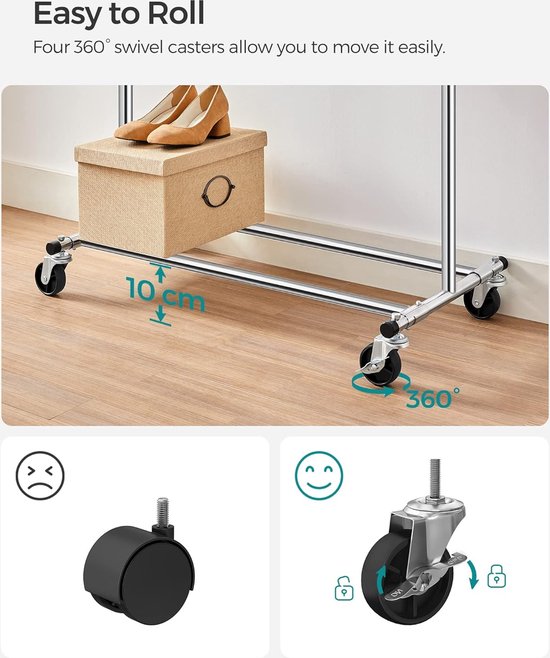 SONGMICS HSR011B01 Kapstok op wielen, uittrekbare kledingstang voor het ophangen van kleding, belastbaar tot 136 kg, verchroomd metaal, mat zwart