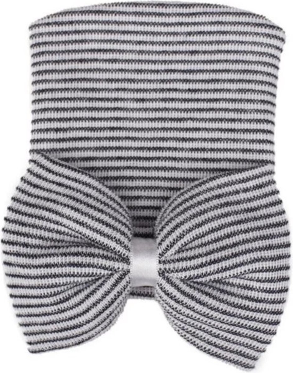 Goedkoopste Mammie's Geboortemuts / babymuts / ziekenhuismuts zwart of grijs -wit gestreept met strik - 0 tot 3 maand Zwart