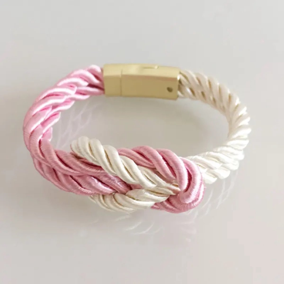 Walletstreet Yin Yang Armband – Gevlochten touw en RVS - Armbandje 19 cm LichtRoze/Wit-voor mannen en vrouwen-Kerstcadeau-Ideale geschenk