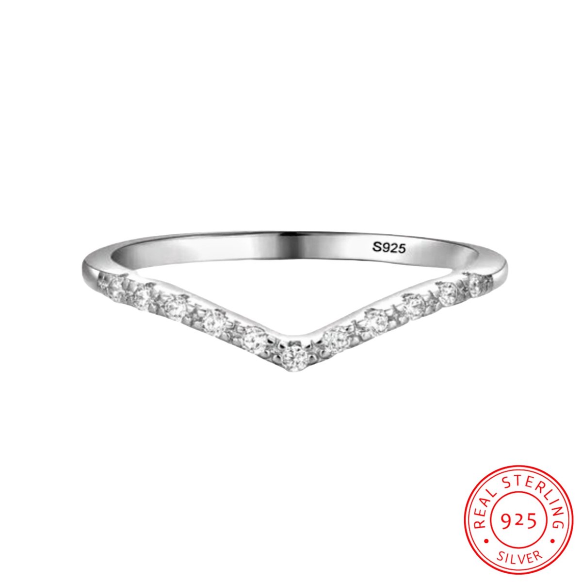 Borasi Zilveren Ring V-vorm | 18 mm | 925 Zilver Met Zirkonia Stenen | 925 Sterling Zilver | Dames Ring | Minimalistische Ring | Dagelijkse Ring | Dames Sieraden |