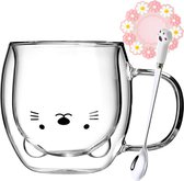 Cat Mug Glas Dubbelwandige Glazen Cat met Handvat Koffie Mok met Lepel & Onderlegger Koffie Mokken Drinken Glazen Cat Glazen Thee Kop Espresso Mokken Gift voor Kerstmis