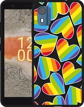 Cazy Hoesje Zwart geschikt voor Nokia C02 Regenboog Hartjes