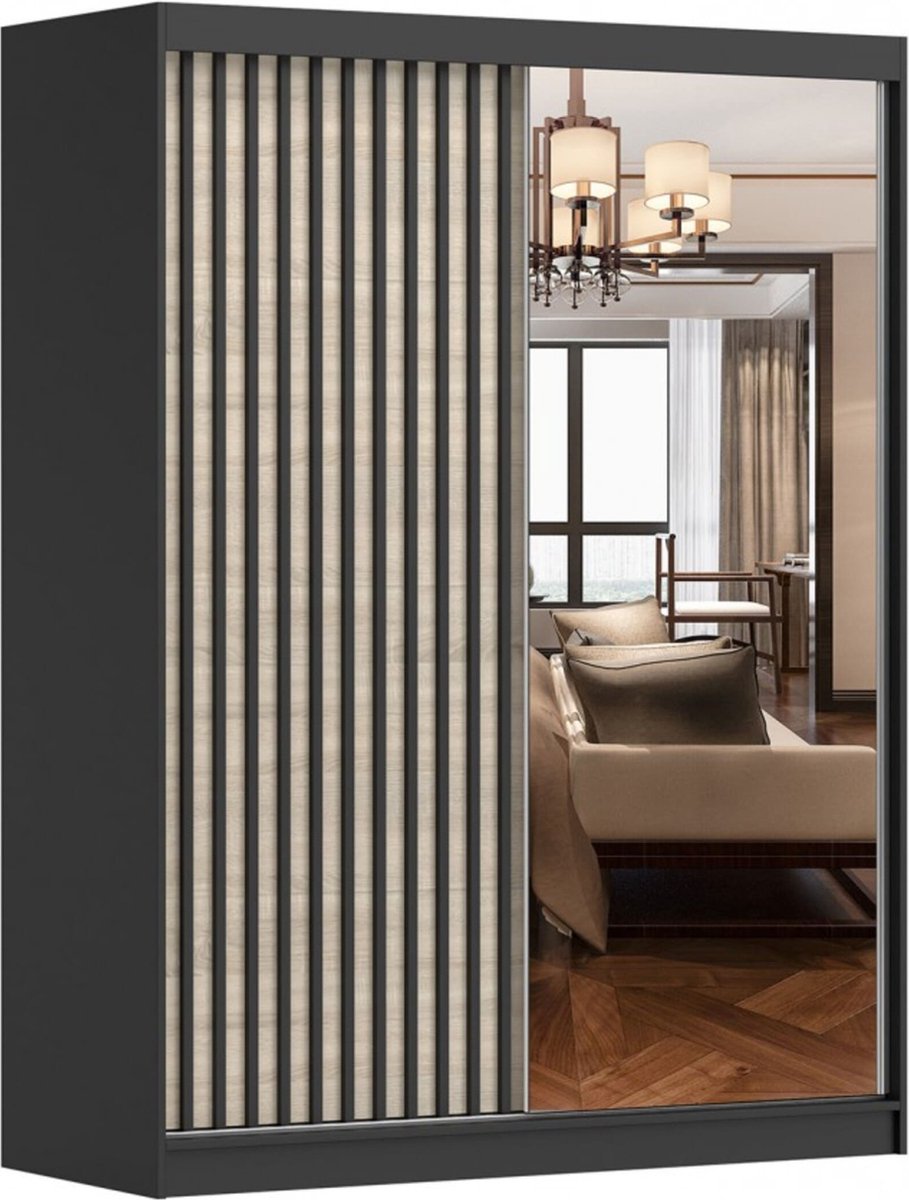 AJE Meubles B.V. Zweefdeurkast Kledingkast met Spiegel, Schuifwandkast met decoratieve lamellen, kast met planken en kledingstang Gaderobe 150x200x61 cm - LABI S1 (Zwart + Sonoma, 150) Zwart + Bruin