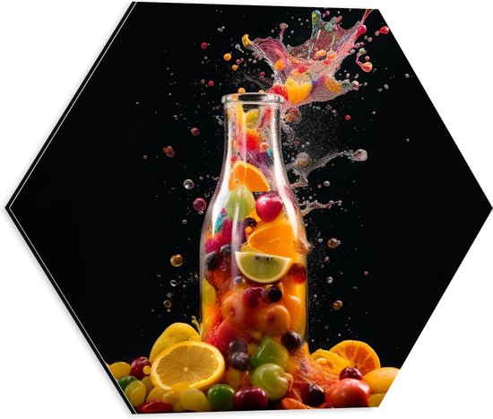Dibond Hexagon - Fles - Eten - Fruit - Spetters - Kleuren - 40x34.8 cm Foto op Hexagon (Met Ophangsysteem)