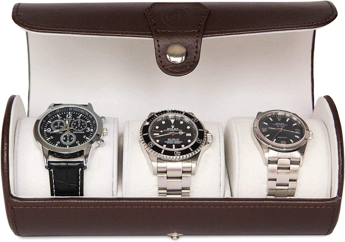 Case Elegance Cilindrische horlogedoos van veganistisch leer voor 3 horloges - Horloge Box - Watchroll - Horloge Etui