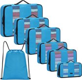 Organiseur de valise, ensemble de 7 pièces (1S+2M+2L+1XL+1 sac à dos), cubes d'emballage avec sac à dos étanche, sacs d'emballage, sacs à vêtements, organisateur de voyage, sac pour transporter bagages et sacs à dos (bleu)