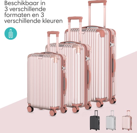 Drie rosé gouden koffers van verschillende formaten, naast elkaar geplaatst. Ook zwart en zilver beschikbaar.