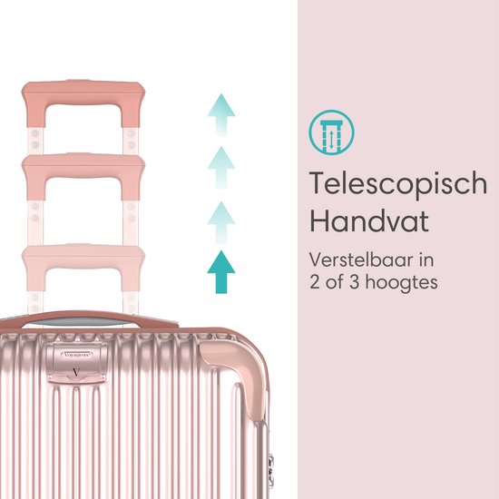 Rose gouden koffer met telescopisch handvat, verstelbaar in 2 of 3 hoogtes.