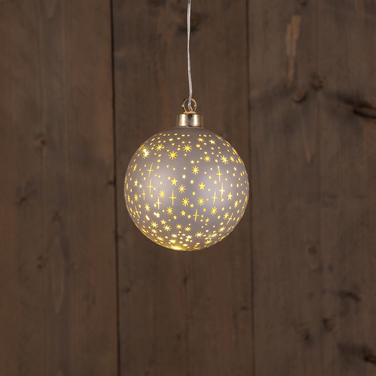 LED bal glas champagne sterren 10cm met timer kerstverlichting.