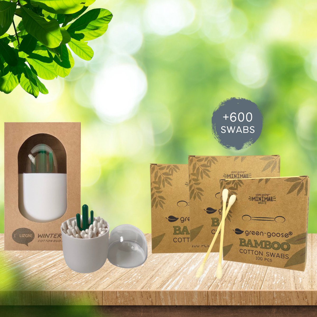 Bamboe Wattenstaafjes (600 Stuks) Met Wattenstaafjeshouder | Biologisch Afbreekbare Q-tips | Milieuvriendelijk | Duurzaam
