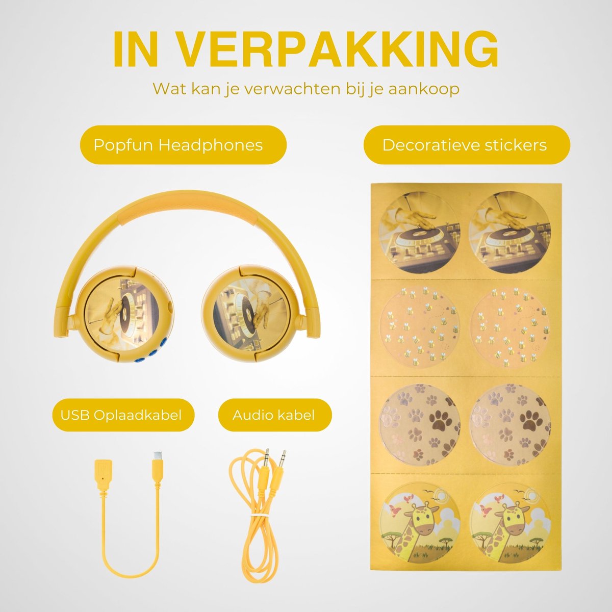 BuddyPhones PopFun Koptelefoon Kinderen - Kinder Koptelefoon Draadloos – Volumelimiet 84/95 dB – 24 uur batterijduur – Bluetooth Hoofdtelefoon - Ingebouwde microfoon - Inclusief Leuke Stickers - Geel — afbeelding 7