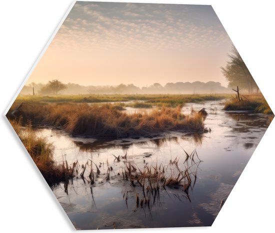 PVC Schuimplaat Hexagon - Landschap - Bomen - Mist - Water - Nat - Natuur - 40x34.8 cm Foto op Hexagon (Met Ophangsysteem)