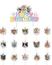 16-delige set Happy Birthday Cats met 1 taart topper en 15 cupcake prikkers - poes - taart - cupcake - kat - verjaardag - happy birthday