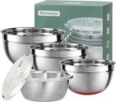 Ensemble de bols multifonctions 5 en 1 100% inox 304 3 grands saladiers profonds 4L/ 3L/2,5L avec graduations et fond silicone antidérapant, passoire et râpe