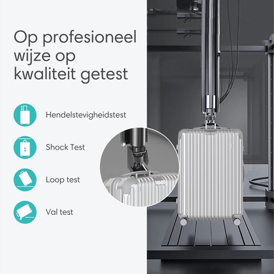 Zilveren koffer ondergaat professionele kwaliteitstesten: hendel-, schok-, loop- en valt test.