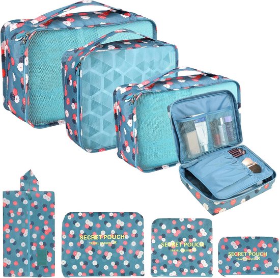 Packing Cubes Kofferorganizer, 8 stuks, kofferorganizer, pakzakken, pakzakken met schoenenzak, waszak, reisorganizer, kledingtassen voor rugzak (eenhoorn)
