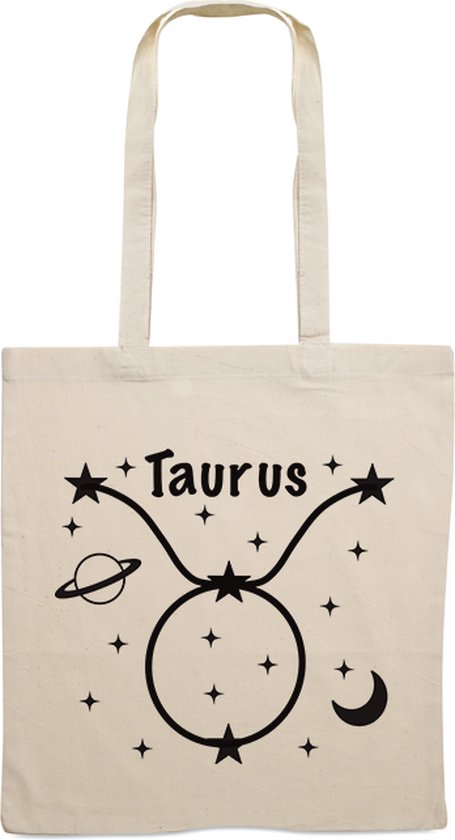 Naturellen tote bag met zwarte Taurus sterrenbeeld print, sterren, een planeet en maan.