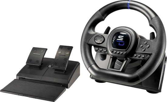 Compleet racestuur met pedalen en paddles. Zwart stuur met blauwe streep, knoppen en het SuperDrive-logo.