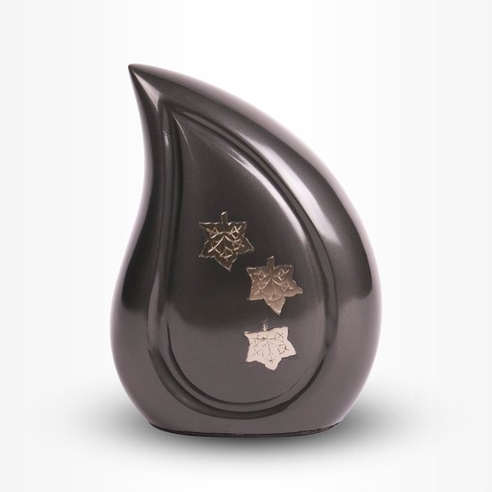 Crematie-urn | Teardrop urn Messing donkergrijs met zilver vallend blad | Urn voor volwassenen | 1.5 liter