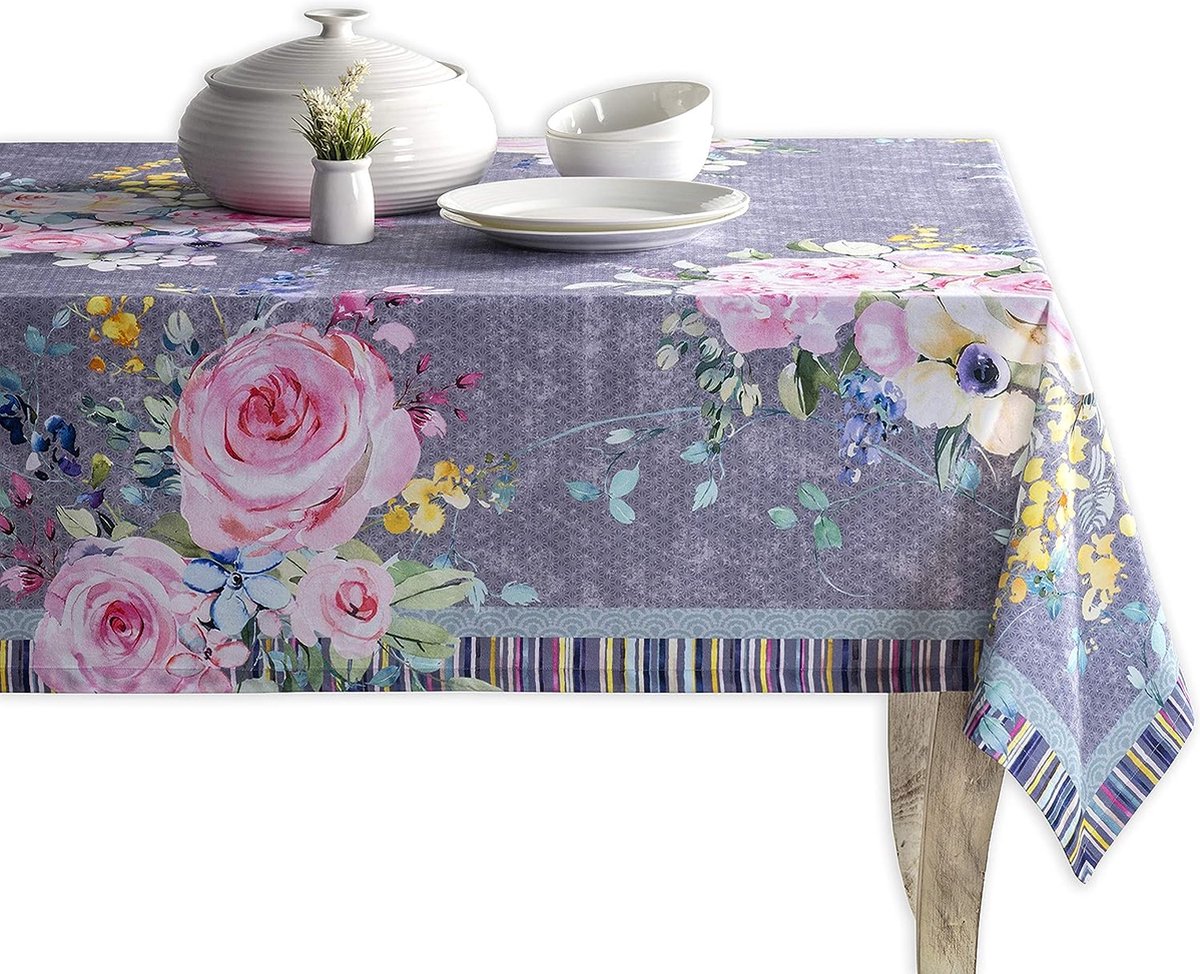 Tafelkleed, 100% katoen, 160 x 220 cm, decoratief rechthoek tafelkleed, wasbaar restaurant tafelkleed, Sweet Rose Lavender - Lush Lavender Roses - lente/zomer
