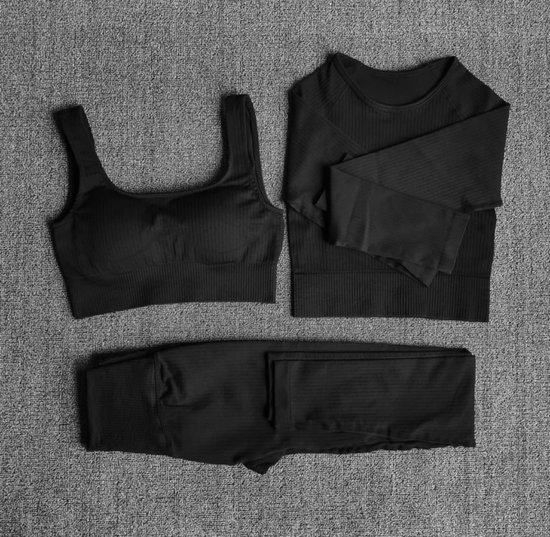 Ensemble de gym - LIGHT RIBBED - Taille L - Zwart - 3 pièces - Ensemble de sport - Ensemble de sport - Leggings et haut de gym - Ensemble Fitness - Leggings et haut de Fitness - Ensemble de Yoga - Leggings et haut de yoga