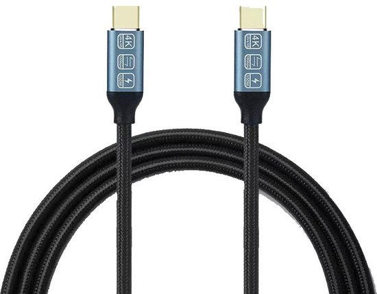 DrPhone PowerLink ProCharge 3000XC - USB-C naar USB-C Kabel – Voor Opladen En Gegevensoverdracht – 20Gbps – USB-C 3.2 – 2 Meter - Zwart/Zilver