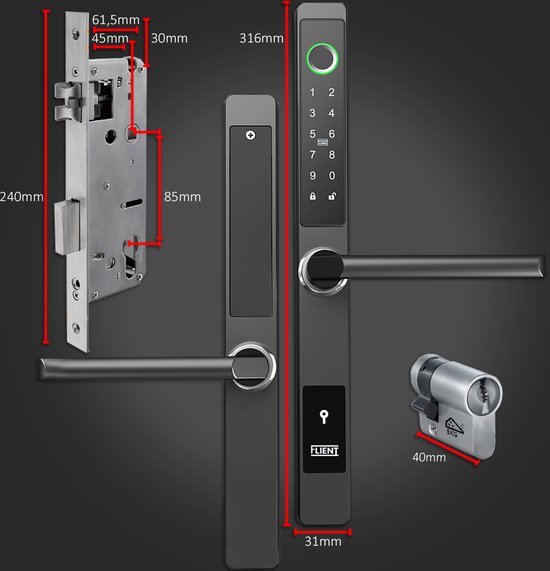Flient® Smart Lock Secure - Slimme Deurslot met SKG*** Cilinder - Waterdicht - Vingerafdruk - APP - IC Kaart - Code Slot - WiFi & bluetooth - Buiten & Binnen - Hoge Beveiliging - Flient