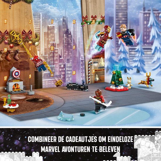 LEGO Marvel Avengers Adventskalender scene met Iron Man, Captain America, Spider-Man, haardvuur, kerstboom en trein.