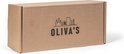 Bruine kartonnen doos van Oliva's met een zwart logo van een skyline met glazen.
