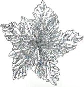 1x Kerstboomversiering op clip zilveren glitter bloem 23 cm - kerstboom decoratie - zilveren kerstversieringen