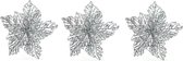 3x Kerstboomversiering op clip zilveren glitter bloem 23 cm - kerstboom decoratie - zilveren kerstversieringen